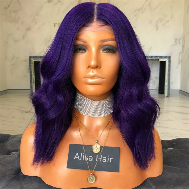 

Fashion Purple Colorful Short Wave Human Hair Wig Swiss Lace Front Wigs