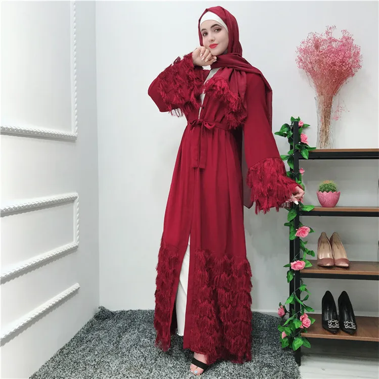 

Best Selling Ramadan EID Luxury Feather Abaya Holiday Islamic Jalabiya Dubai Open Abaya, Black;wine red;pink