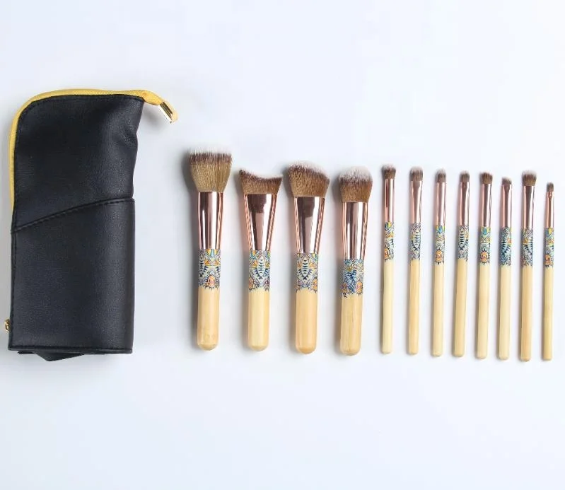 

PU leather bag 12pcs bamboo make up brushes private label makeup brush set, Yellow