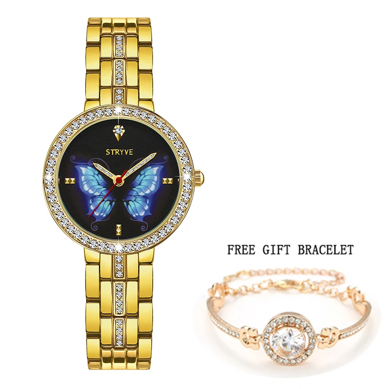 

STRYVE Women Watches 2019 Gold ladies watches Quartz Stainless Steel Butterfly Watch Analog Wrist Watch Free gift Bracelet 1018