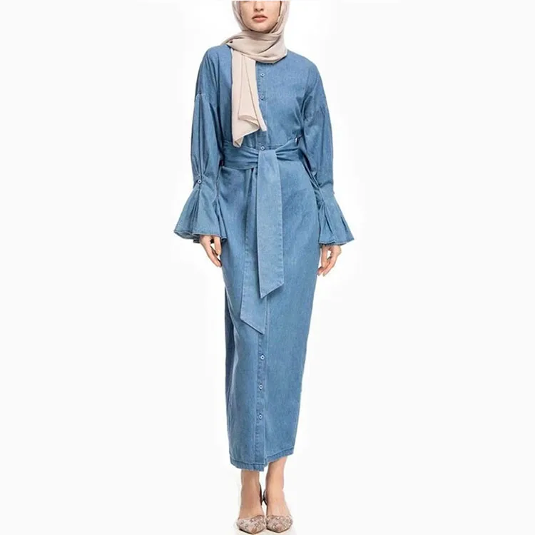 

Fresh blue full button flare sleeve african kitenge dress designs sheath muslim dress women plus size long ladies denim dresses, Light blue