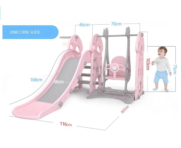 

outdoor playground 3 in 1 plastic kids long safe swing and slide set, Cherry blossom pink+grey