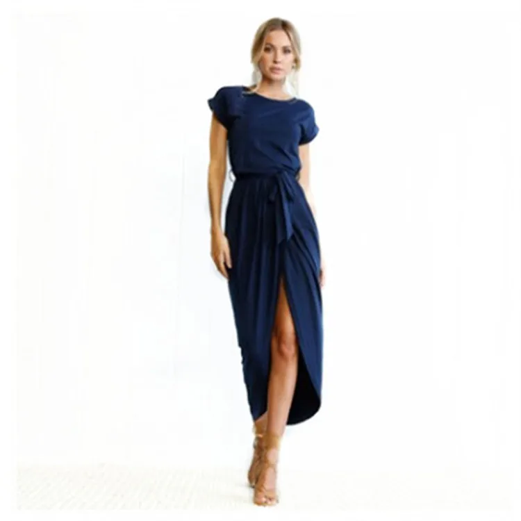 

Wholesale Solid Color Bandage Skirt Irregular Split Women Apparel Plain Long Dress