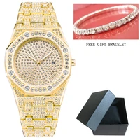 

Full Diamond Watch Women Bracelet Watches Luxury Sand Drill Surface Round Stainless Steel Band Quartz Watch+Hand Catena+Box