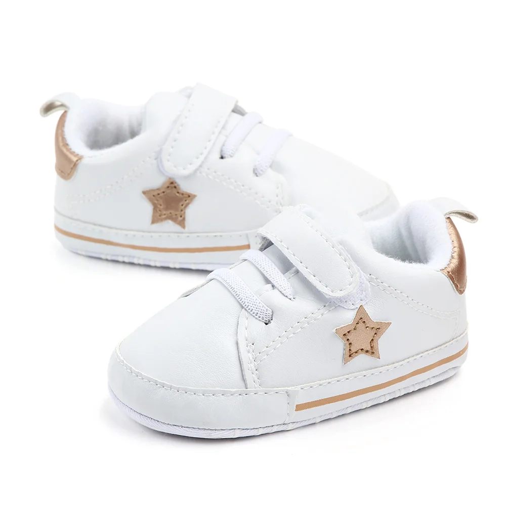 

New arrival classic style white prewalker first steps shoes baby, White and black / white and golden/white and pink / white and green