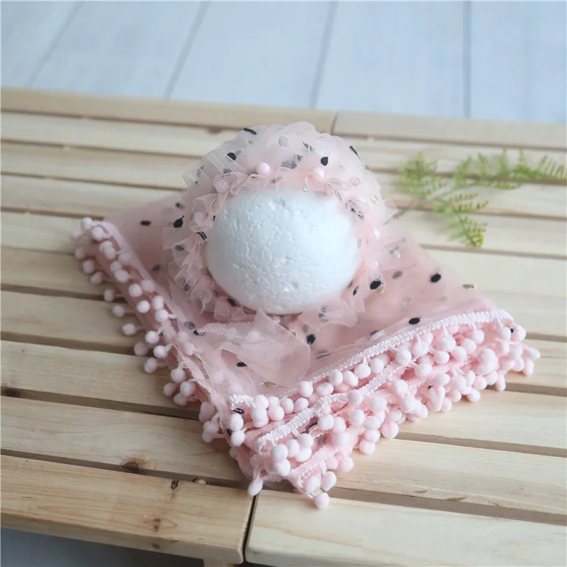 

Newborn Stretch Knit Dots Wrap Bonnet Full Set Photography Props Baby Girl Sleep Hat Outfit Lace Wrap Photo Props