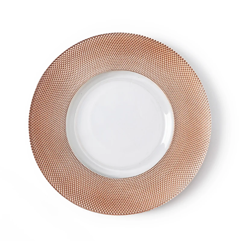 

Rose Gold Clear Glass Charger Plates Manufacturer, Plate Charger#, Decal