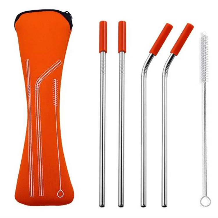 Wholesale Custom Logo Reusable Stainless Steel 304 Drinking Straws Metal Straw with Silicone Tips & Cleaning Brush   Straw