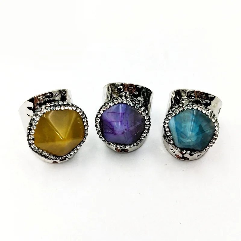 

Wholesale crystal agate point wide band rings silver plated paved rhinestone multi color gemstone ring for girl