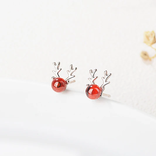 

Fashion 925 Sterling Silver Stud Earrings Cute Animal Deer Antlers Earrings Red Garnet Earrings Jewelry For Women Gift, Silver,rose gold