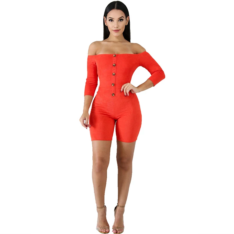 

Women Fashion 2019 Short Sleeve Button Up Jumpsuits Off-Shoulder One Piece Rompers, Shown