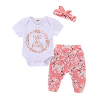 

Newborn Baby Clothes Set Floral Hairband Short Sleeve Letter White Infant Baby Romper Pink Printed Plum Blossom Long Pant
