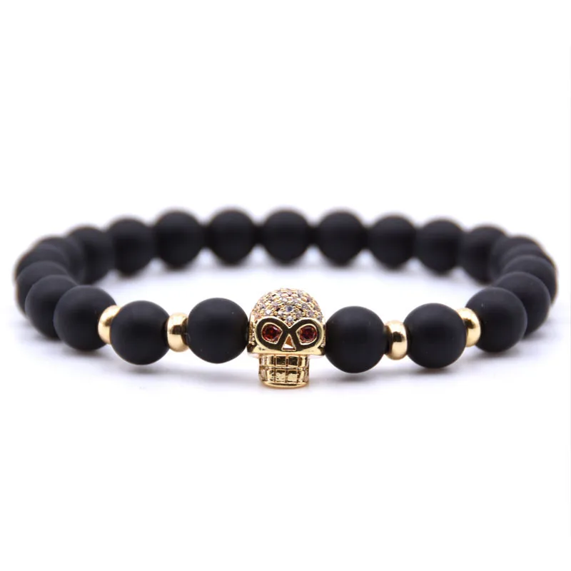 

Skull Men Charm Bracelets 8mm Classic Simple Matte Lava Stone Beads Bracelet For Men Jewelry Gift (SK281), As picture