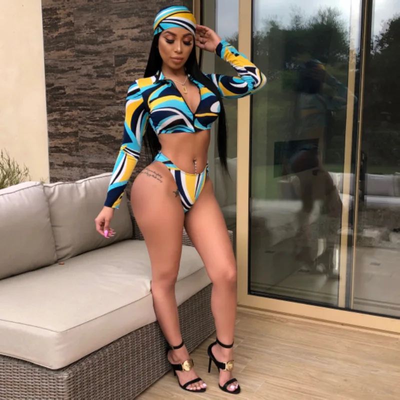 2019 Long Sleeve Sexy Bikini Print Swimsuit Zipper Front 3 Pieces High Waist Brazilian Swimwear