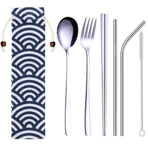 Image of Reusable Cutlery Set Travel Utensils Set with Straws for Camping Office or School Lunch Stainless Steel Flatware Set