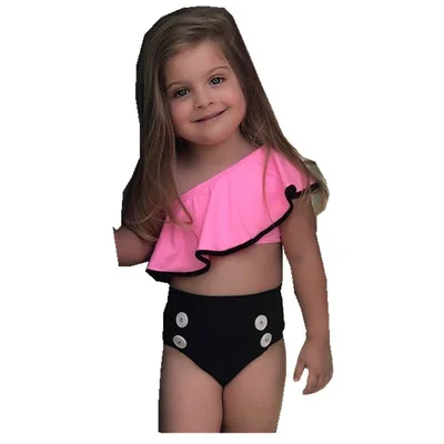 

Candy Color Baby Girls Swimwear Flounce One shoulder High waist Bikini