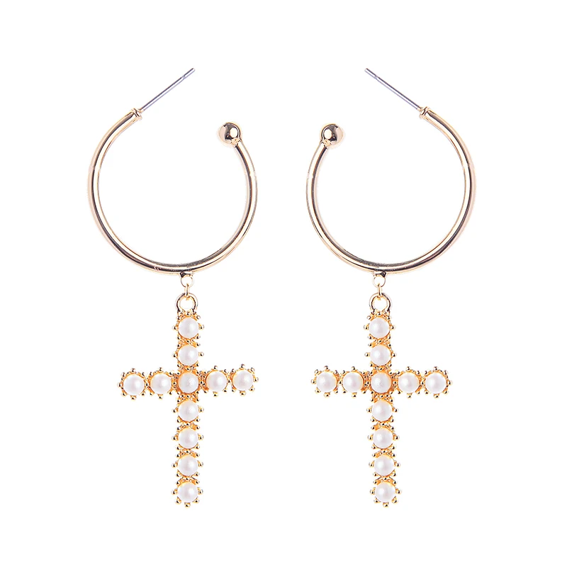 

ed01920d Fancy European Gold Plated Cross Shape Imitation Pearl Hoop Long Drop Earrings for Women