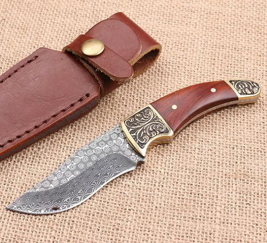

60HRC Brass + Ebony Handle Damascus Knives Camping Hunting Tool Fixed Tactical Knife 7515