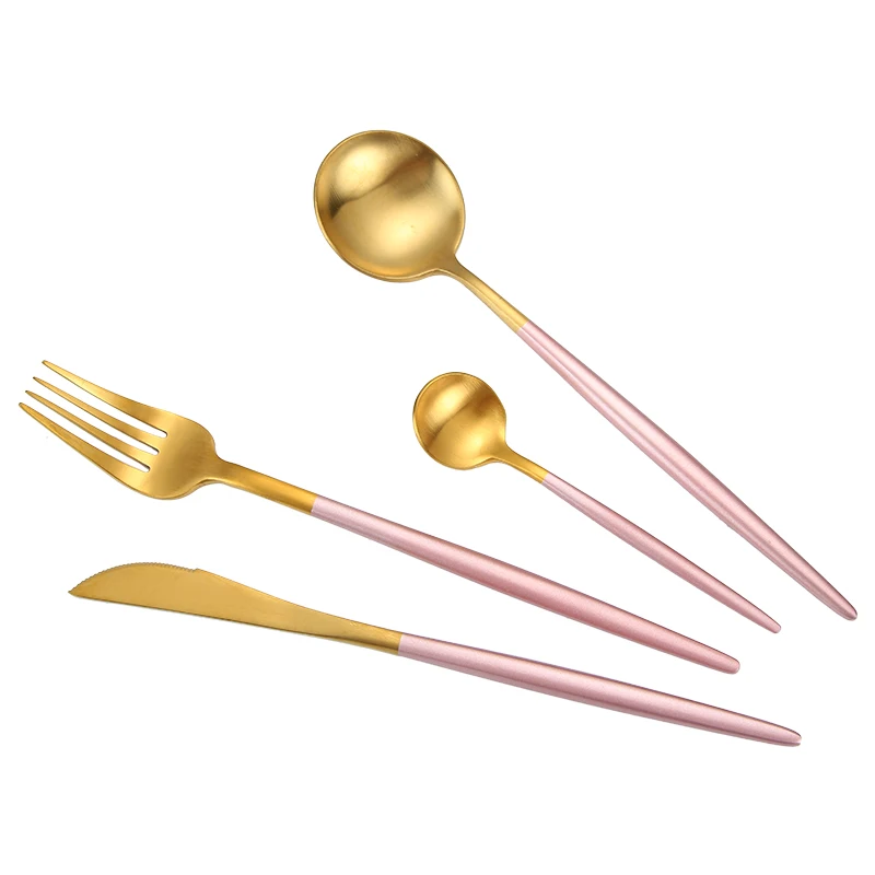 

Lovely Wedding Date Dinnerware Matte Gold Stainless Steel Knife Spoon Fork Cutlery Set, Gold+pink