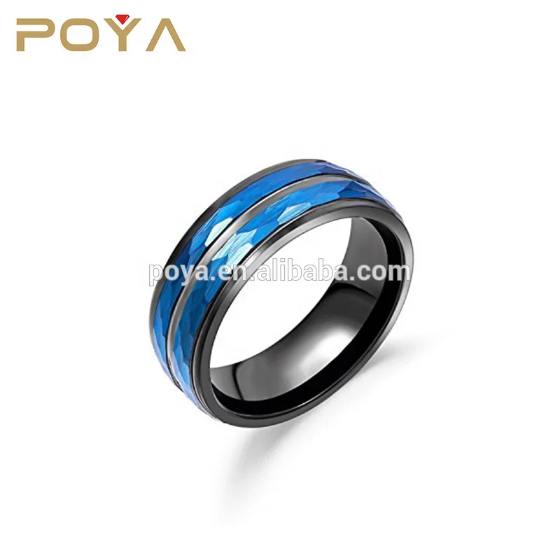 

POYA Jewelry 8mm Two-tone Blue Black Plated Tungsten Ring Wedding Band Hammered Finish Stepped Edge Comfort Fit for Men and Wom, N/a