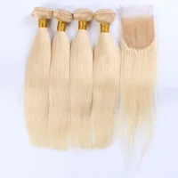 

Best Selling 613 Blond 4 Pieces Hair weft With Lace Closure Silky Straight Human Hair Bundles With Closure