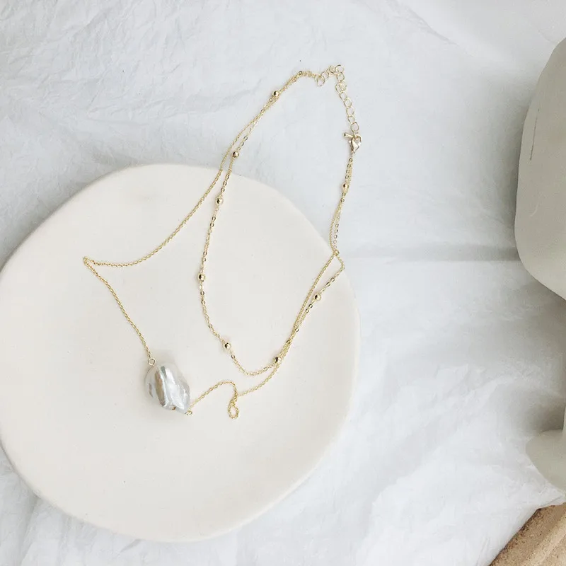 

girls real 18k gold plated brass chain baroque irregular pearl necklace double multilayer gold plated real freshwater necklace, Picture