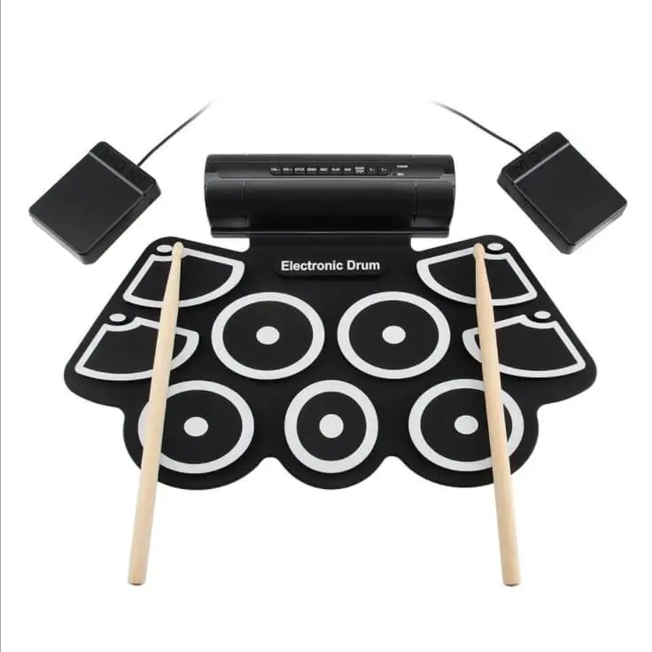 

portable Roll up Electronic MIDI Drum Set Kits 9 Pads Built-in Speakers Practice, Black-red