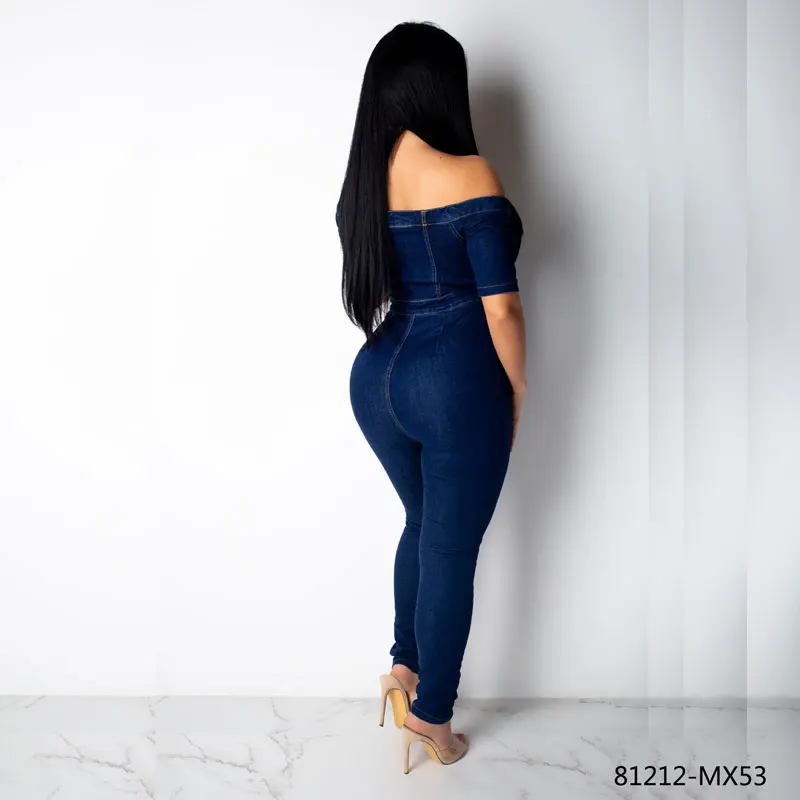 
81212-MX53 2019 new arrivals off shoulder denim jumpsuit one piece women clothing 