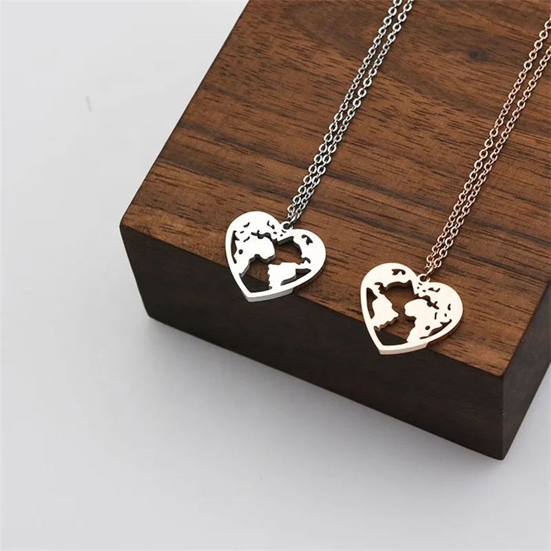 

2019 world map stainless steel love pendant necklace for women, Rose gold/silver