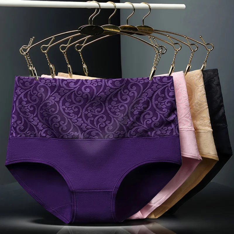 

High Waist Cotton Jacquard Briefs Plus Size Female Solid Color Panties