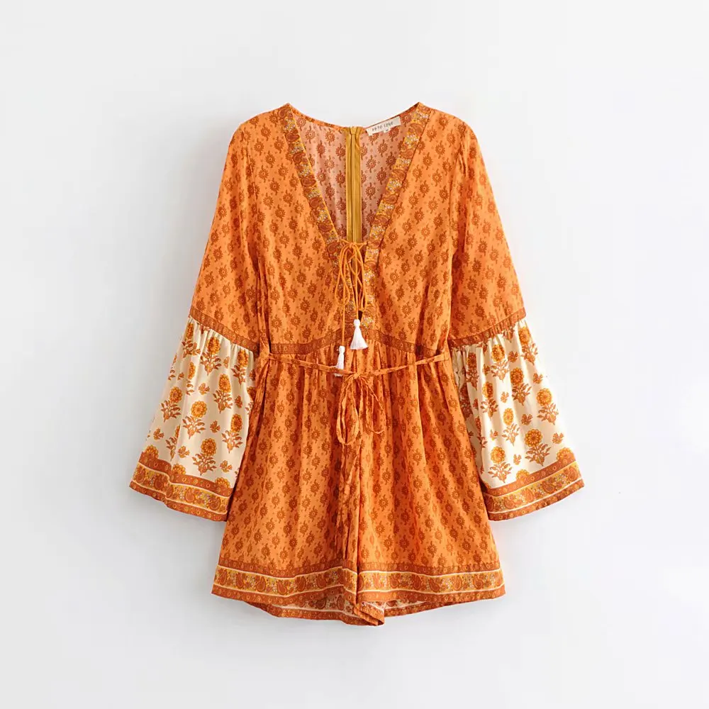 

Orange sun flower printed v neck long sleeve summer beautiful women jumpsuits and rompers with belt