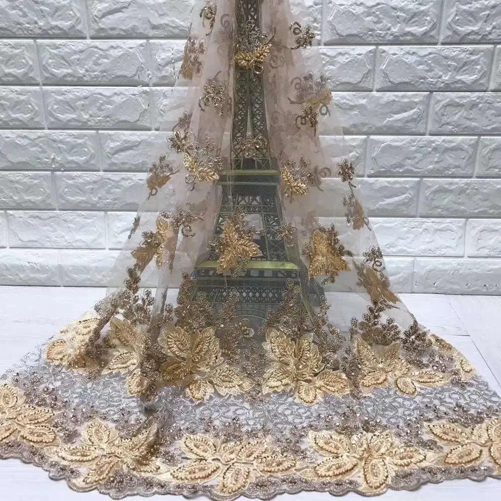 

Beautifical 2019 heavy beaded net lace fabric lace bridal gold sequins lace fabric for wedding ML5N352, Customized