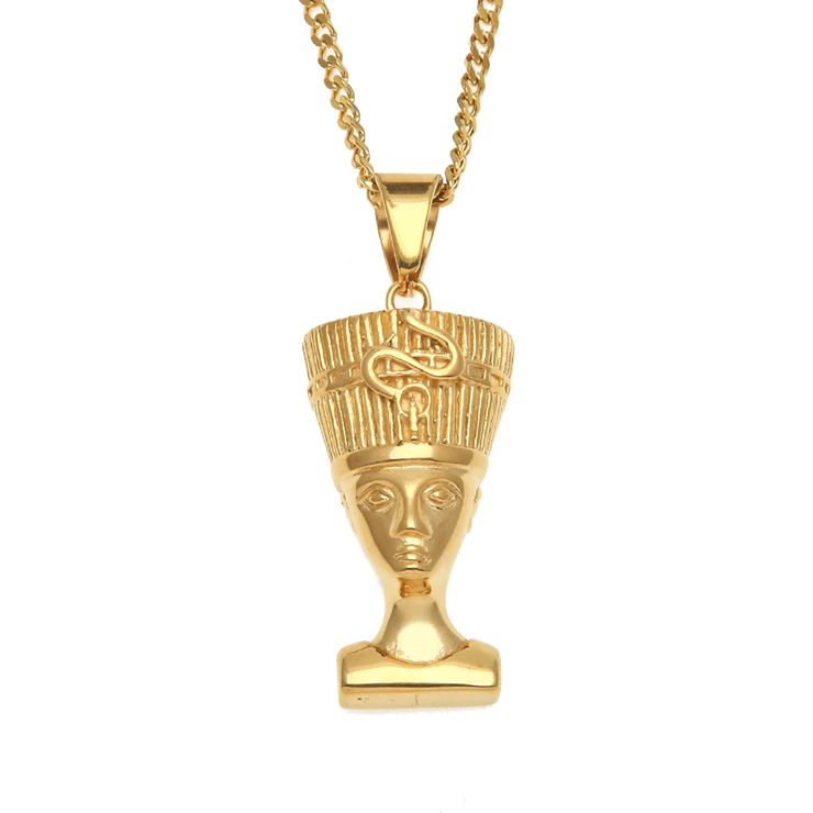 Hiphop Zinc Alloy 18K 14K Gold Plated Egyptian Nefertiti Pendant Necklace