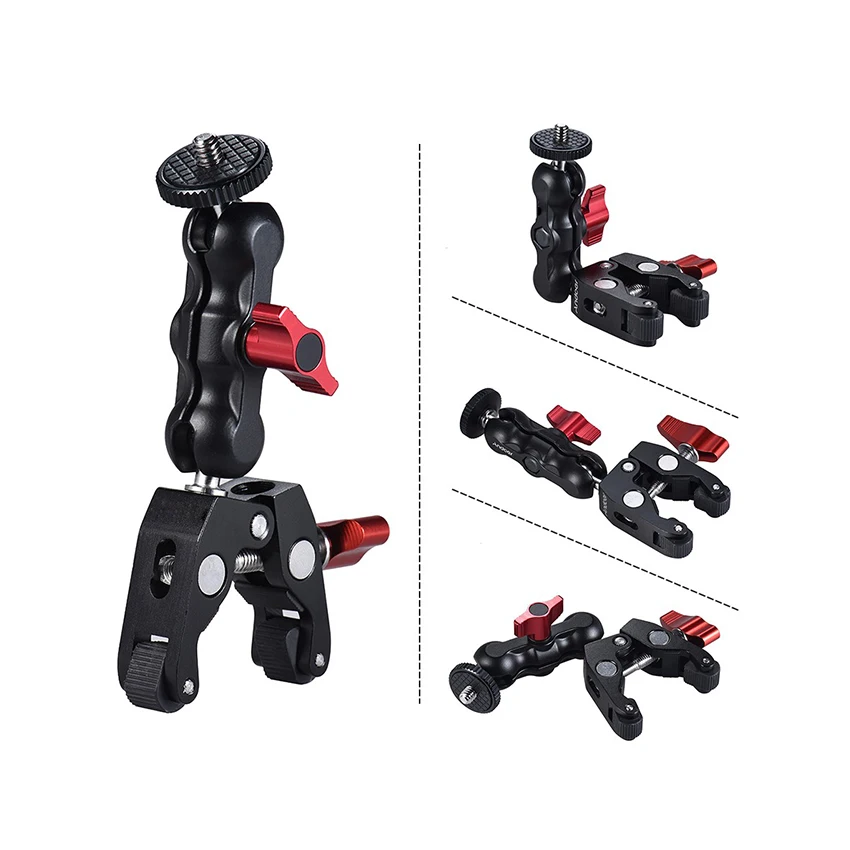 

VGEET 1/4 and 3/8 thread hole super camera magic arm clamp for cameras dslr camcorder tripod monitor video light, Black and red