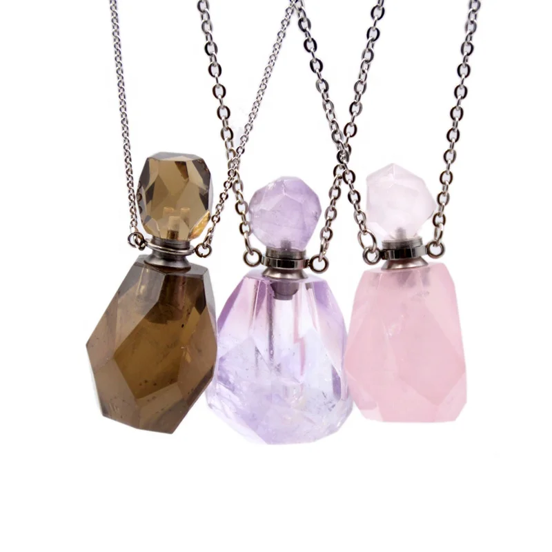 

Creative Perfume Bottle Shape Yellow Citrines Smokey Amethysta Rose Crystal Stone Pendant Silver Chain Quartz Necklace