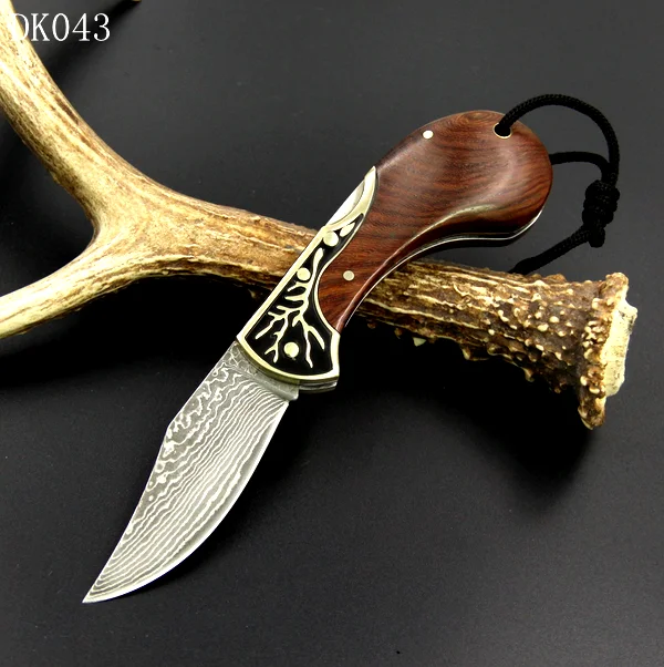 

6.9 inch hunting knife damascus with comfortable wood handle design, Copper + brown