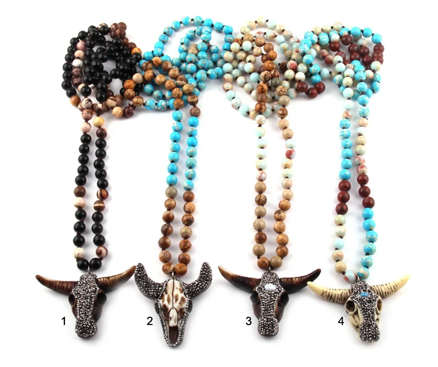 

Pic Jasper Blue Emperor Necklace Multistone Long Knotted Handmade Cow Skull Pendant Necklace 108 Beads Bull Horn Mala necklace
