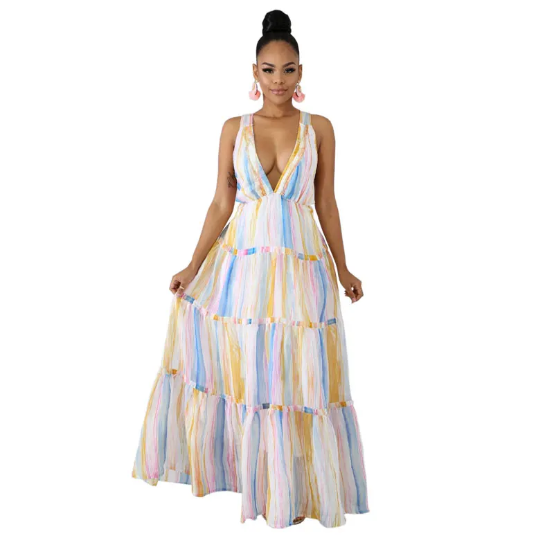 

90328-MX10 V-neck Design Backless Maxi Ruffles Dress For Women Fashion