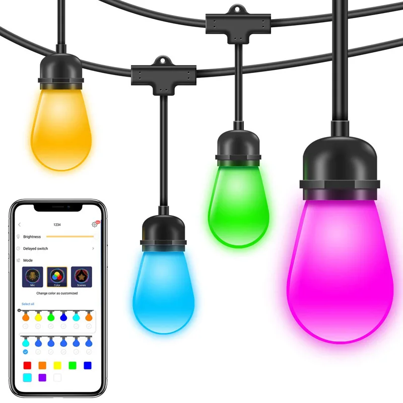 Tuya App Control Dimmable LED Outdoor String Lights 48ft 15 Bulbs