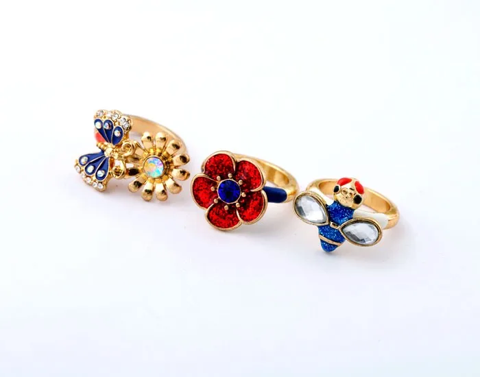 

jz0071 Hot Selling Spring Series Cute Butterfly Flower Bee Gold Plated Ring Set for Girls