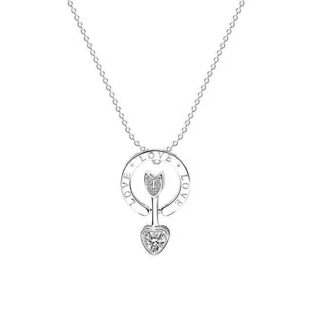 

LOVE Letter Heart With Round Shaped Diamond Pendant 925 Sterling Silver Cupid's Arrow Necklace, White