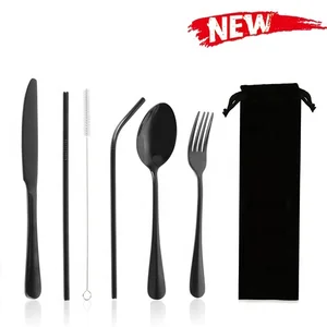 Image of Stainless Steel 18/0 Flatware Set Reusable Cutlery Set Travel Utensils Set with Straws for Camping black color