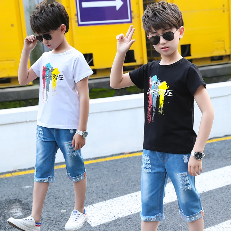 

White Top Kids Boy Clothing 2 Piece Suit White T-Shirt Jeans Boy'S Boys Clothing Outfit T Shirt Sets Clothes