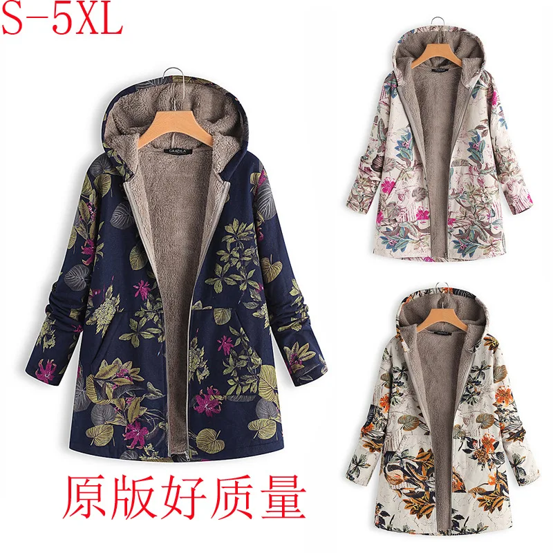

Ecoalson Plus Size Womens Winter Warm Outwear Floral Print Hooded Pockets Vintage Oversize Coats