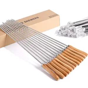 Image of 12Packed Reusable Stainless Steel Bbq Metal Grilling Skewers Set with Wooden Handle Stick Outdoor Camping Tools