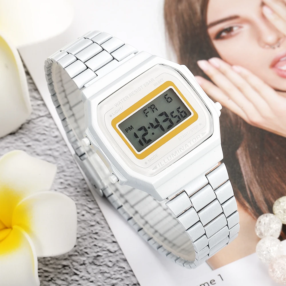 

Brand Candy color Electronic Watch digital stainless steel chain colorful lady watch, Ten color
