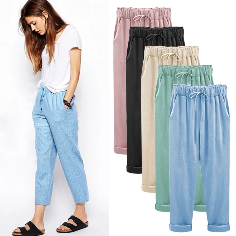 

wholesale fahion high waisted cotton linen casual blank ladies outdoor pants for women, Picture