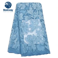 

Bestway Sky Blue Sequin Embroidery Velvet Fabric Beaded African Tulle Lace