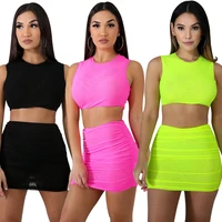 

women fashion solid mesh mini skirt and crop top two piece set TA7045