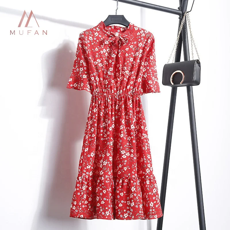 Wholesale High quality cheap summer chiffon floral slim women dress with bow